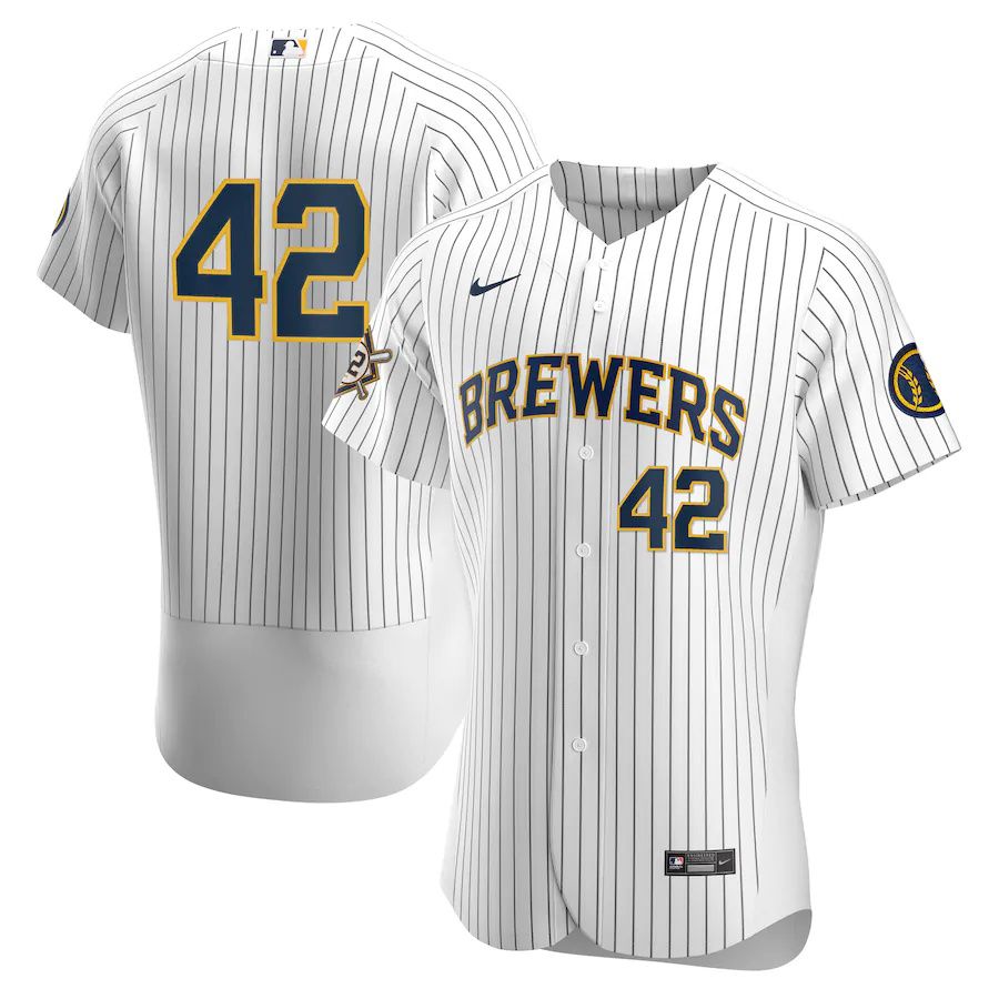 Mens Milwaukee Brewers #42 Nike White Navy Home Jackie Robinson Day Authentic MLB Jerseys